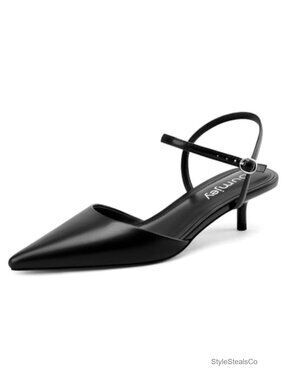 Faux Leather Kitten Heel Pointed Toe Pumps with Ankle Strap